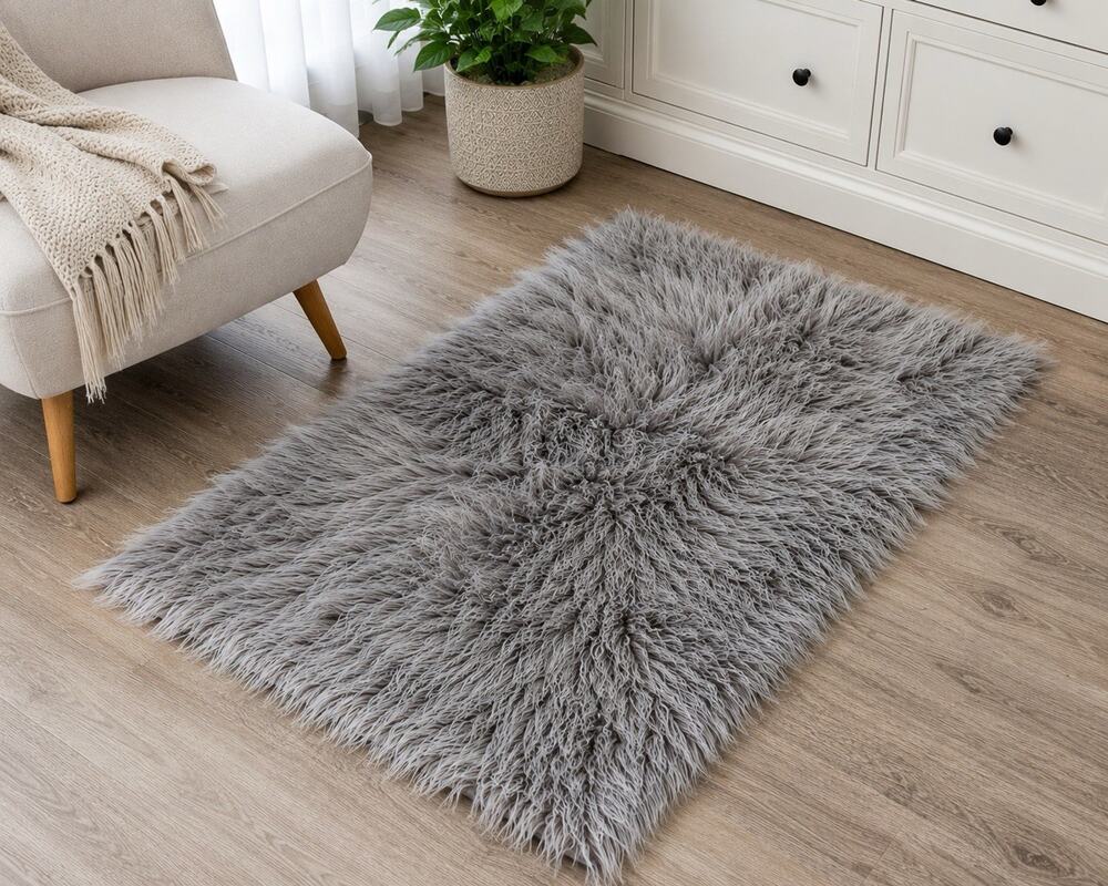 Gray Long Hair Faux Sheepskin Accent Rug 25x45 Plush Shag Fur Area Rug
